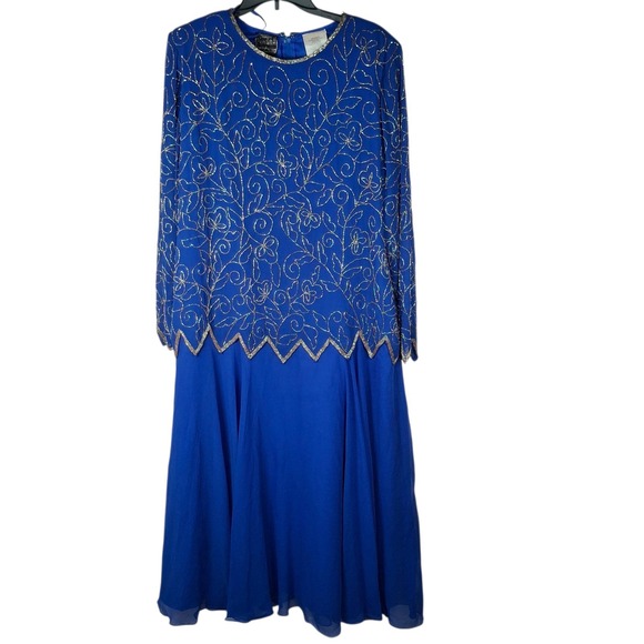 Jackets & Blazers - Vtg Jean for Joseph Le Bon Formal Dress Size 16 Blue Beaded Top‎ Flowy Skirt